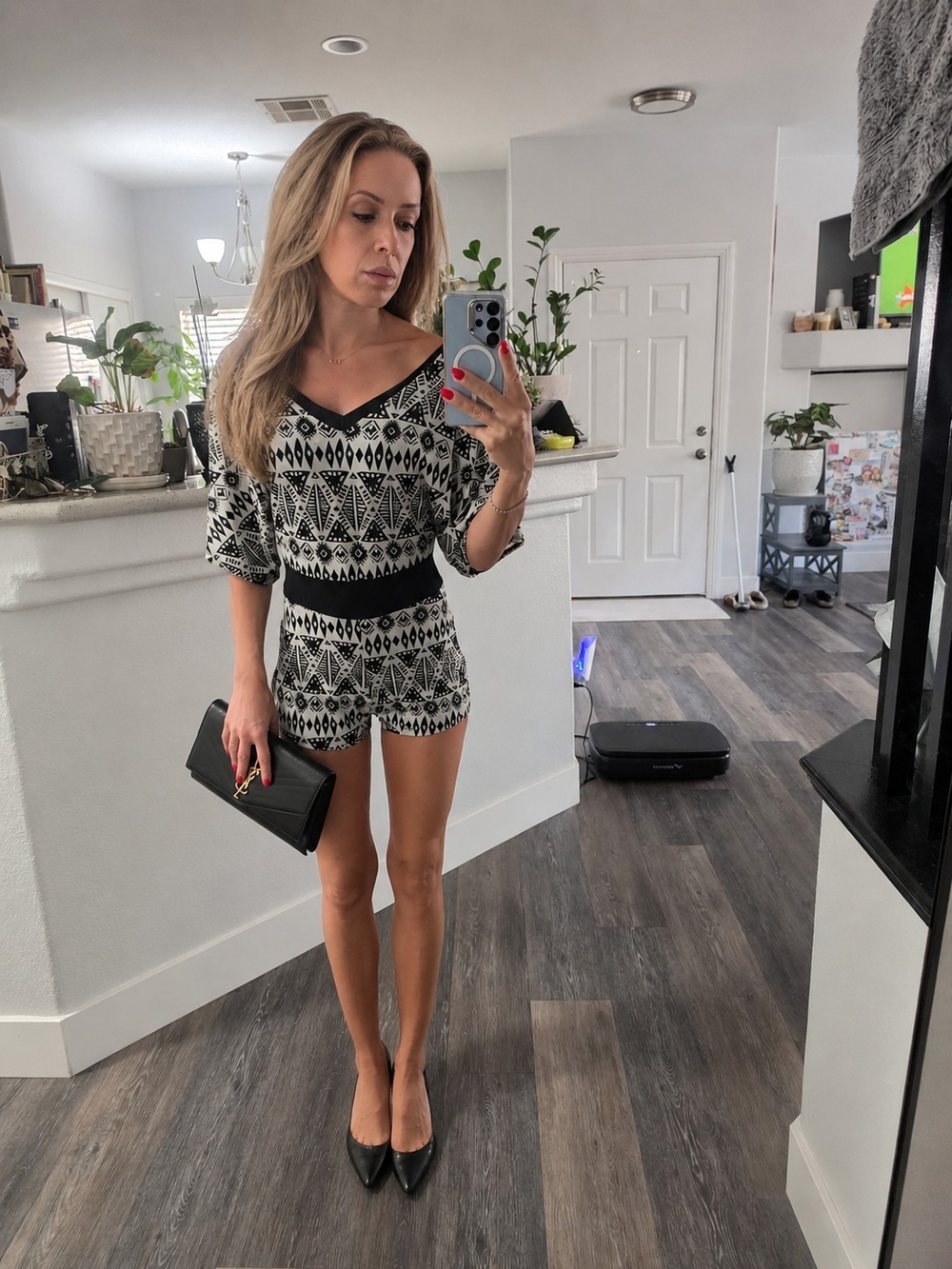 Black & White Patterned Short Jumpsuit Romper with V-Neck